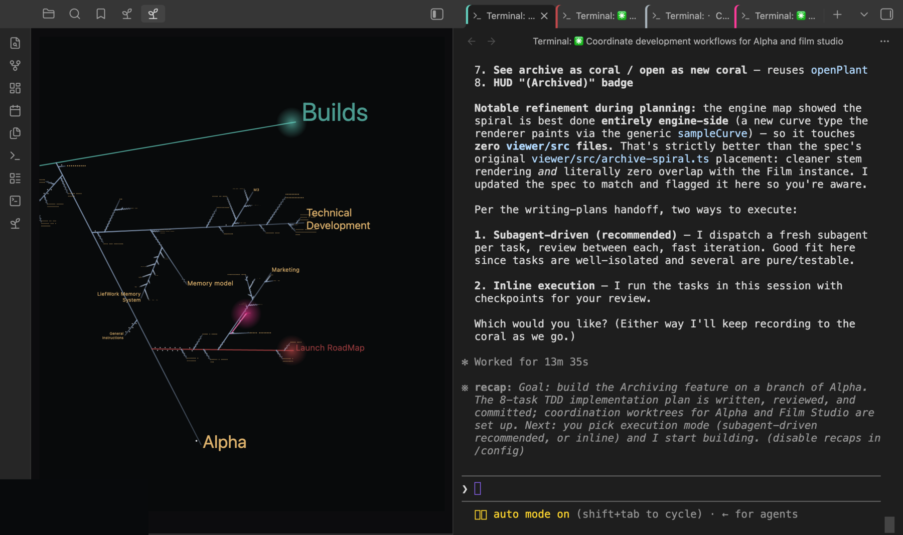 Four terminal AI agents working one Liefwork coral at once, each colour-mapped to its own branch.
